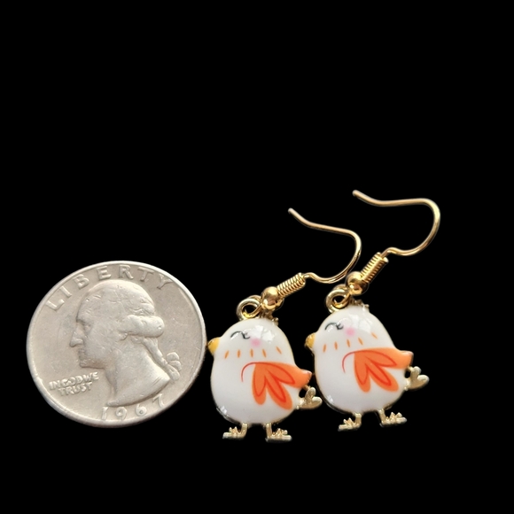 Gold Hook Cute White & Orange Bird Dangle Earrings - Picture 4 of 5